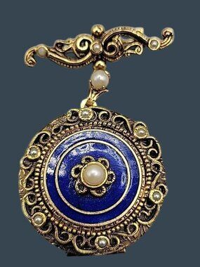 Vintage Victorian Revival Blue Enamel Faux Pearl Dangling Photo Locket brooch